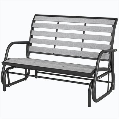 2 Person Outdoor Glider Bench, Patio Glider Loveseat with Faux Wood Slatted Seat and Back, Steel Frame