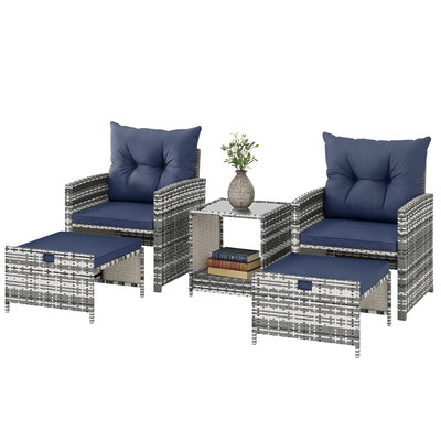 5 Piece Patio Furniture Set, Wicker Patio Chairs with Ottomans, 2-Tier Glass Coffee Table and Cushions