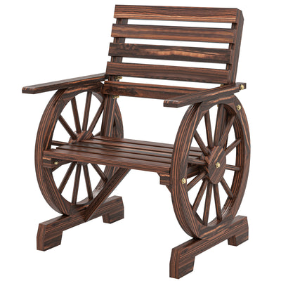 Wood Outdoor Patio Chair, Lounge Chair with Wagon Wheel Armrests, Slatted Wide Seat
