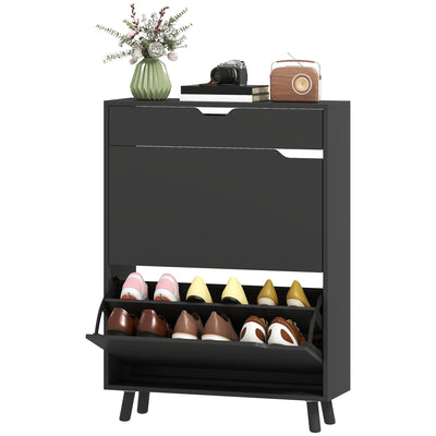 Narrow Shoe Cabinet for Entryway with 2 Flip Drawers, Top Drawer and Adjustable Shelves for 12 Pairs of Shoes