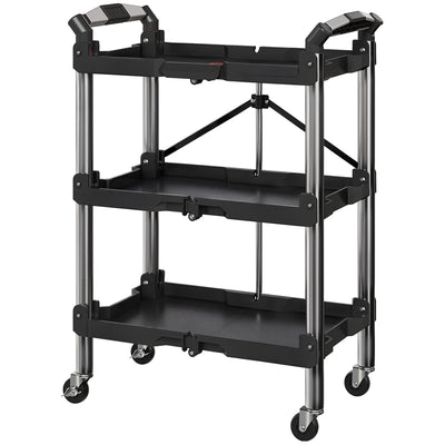 3-Tier Collapsible Tool Cart with Wheels, 150 LBS Capacity Folding Utility Cart with Handles for Garage Workshop