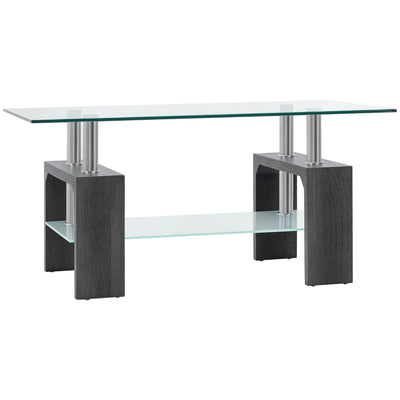 Rectangle Glass Coffee Table, 2-Tier Center Table with Tempered Glass Top and Storage Shelf for Living Room
