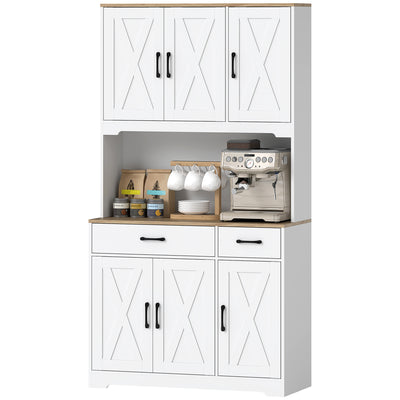 Tall Kitchen Pantry, 6 Doors, 2 Drawers, Adjustable Shelves & Worktop, Rustic Storage Cabinet for Living Room