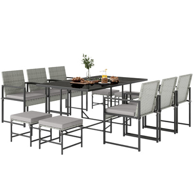 11 Pieces Wicker Patio Dining Set, Rattan Outdoor Furniture Set with 6 Armchairs, 4 Stools
