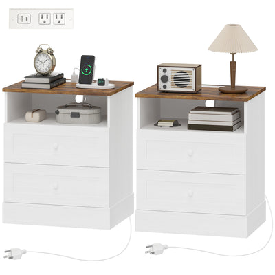 Nightstand with Charging Station 2 Drawers Bedside Table Set of 2