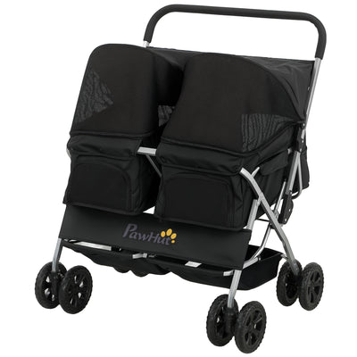 Double Pet Stroller, Foldable Dog Stroller with 2-Seater Carrier, Storage Basket