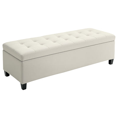 Rectangular Entry Bench, Tufted Upholstered Linen Fabric Wood Feet Storage Ottoman Bench