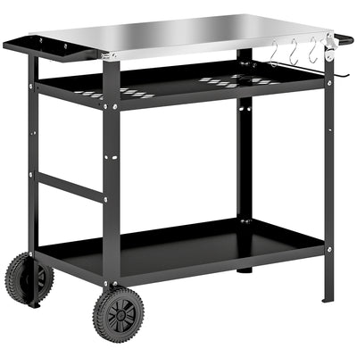 BBQ Stand with Stainless Steel Top Adjustable Shelf, Outdoor BBQ Station with Hooks Seasoning Tray Towel Rack