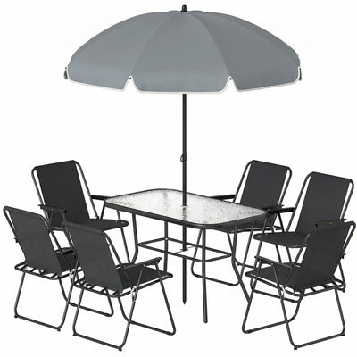 8 Piece Patio Table and Chairs Set with Folding Chairs, Tempered Glass Tabletop and Umbrella for Garden