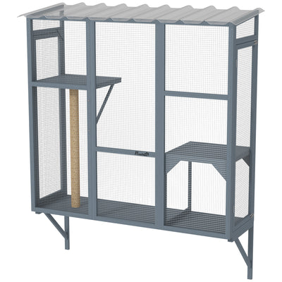 Wooden Catio Outdoor, Cat Window Box Enclosure for 2-3 Large Cats with 2 Jumping Platforms & Scratching Post