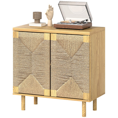 Armoire d'accent tressée en corde bohème, bahut buffet avec portes tactiles, tablette ajustable, pieds en bois de pin