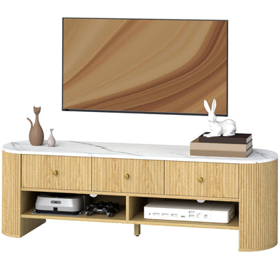 Meuble TV, Table TV Moderne avec Dessus Effet Marbre, 3 Tiroirs et 2 Tablettes Ouvertes pour Téléviseur 32-65 Pouces