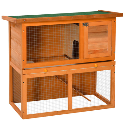 Wooden Rabbit Hutch, Indoor Outdoor Bunny Cage with Run, 2- Level Guinea Pig House with Slide-Out Tray