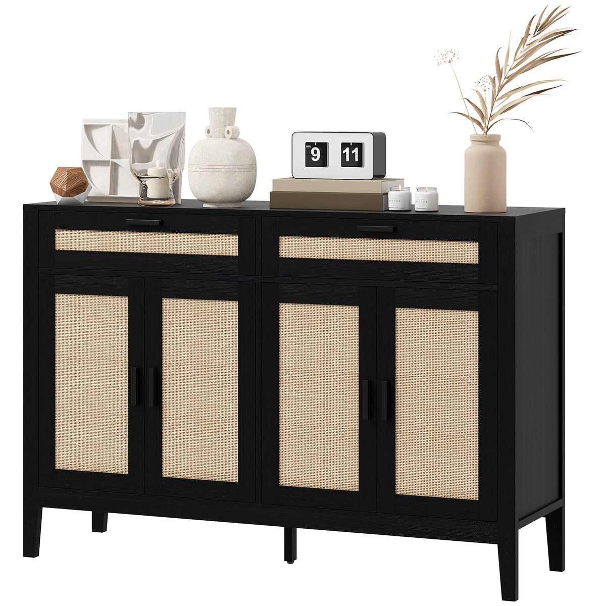 Buffet de cuisine, Table buffet bohème avec portes en rotin décoratif et tiroirs pour salle à manger