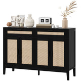 Buffet de cuisine, Table buffet bohème avec portes en rotin décoratif et tiroirs pour salle à manger