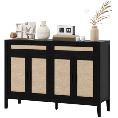 Kitchen Sideboard Cabinet, Boho Buffet Table with Decorative Rattan Doors and Drawers for Dining Room