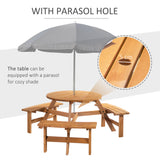 Ensemble table de pique-nique ronde 6 personnes avec bancs et trou pour parasol, Table de patio en bois avec 3 bancs intégrés pour jardin