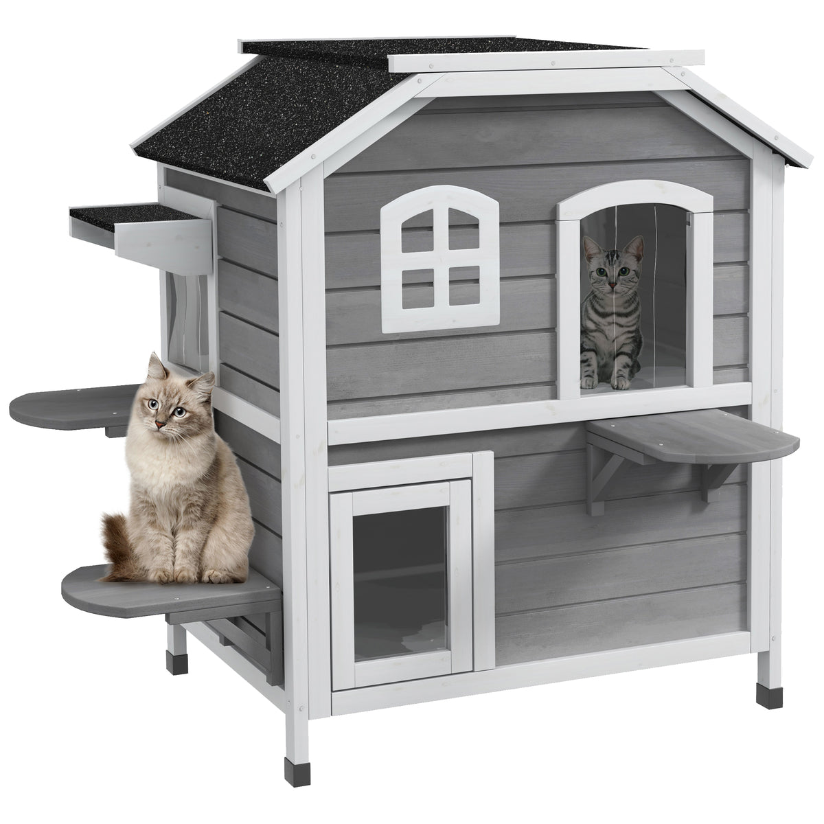 2-Storey Outdoor Cat House, Wooden Catio with Openable Roof