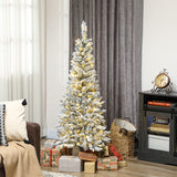5ft Flocked Christmas Tree with Dual Colour LED Light, Pencil Hinged Xmas Tree with 11 Light Modes