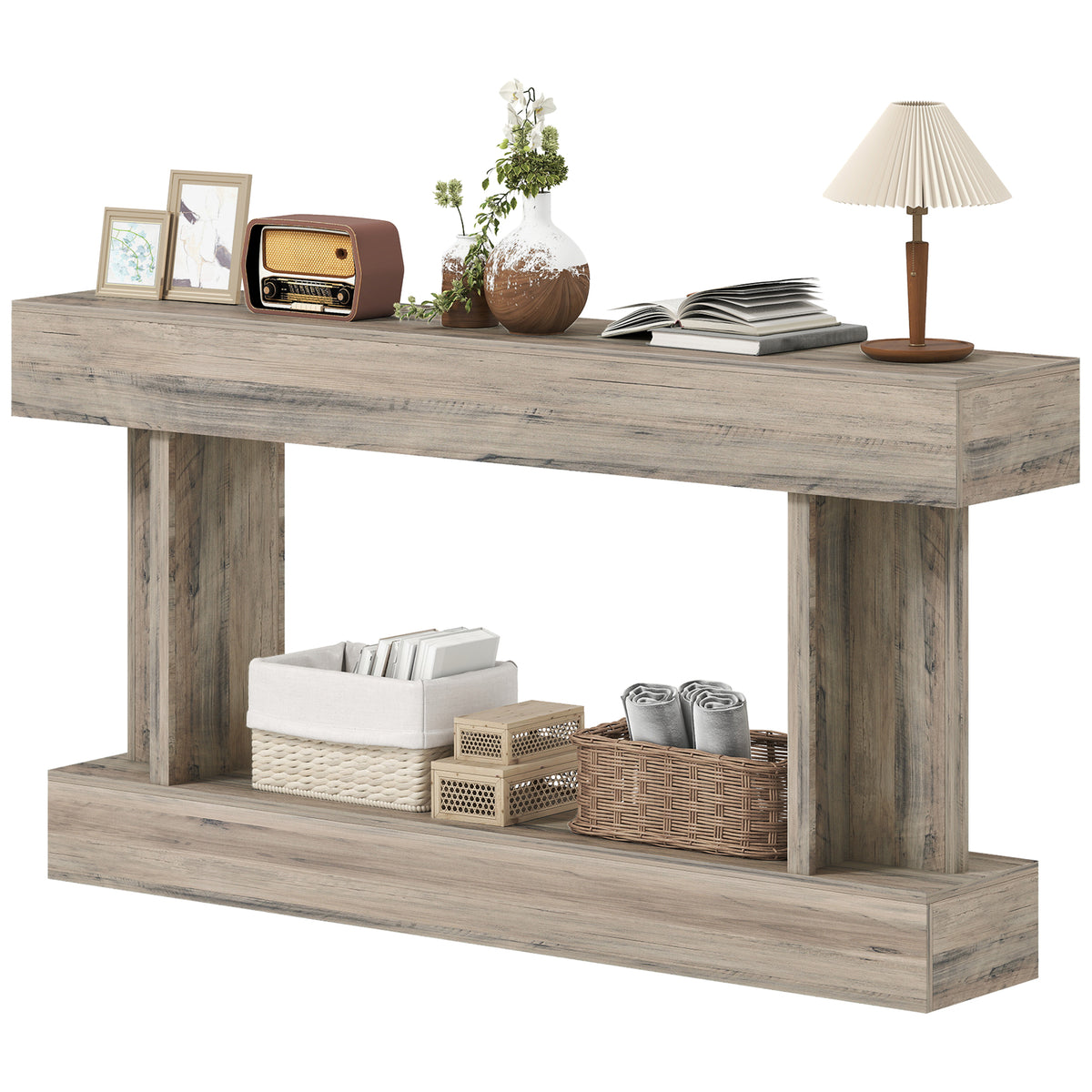 63 Inch Long Console Table, Vintage Narrow Entryway Table with Storage Shelf for Living Room and Hallway
