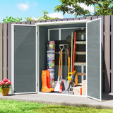 Outdoor 4.4' x 2.3' Plastic Storage Shed with Lockable Doors and Foldable Shelves, Wood-Effect Garden Shed