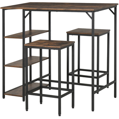 Industrial Dining Table Set for 2, Bar Table and Stools Set, Counter Height Kitchen Table with Chairs with Storage Shelf