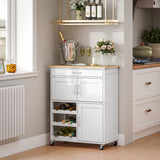 Rolling Kitchen Cart, Kitchen Island with Storage Drawer, 9-bottle Wine Rack, Wooden Countertop