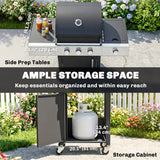 3 Burner Propane Gas Grill with Side Burner, 36, 000 BTU BBQ Grill with Cast Iron Grates, Wheels