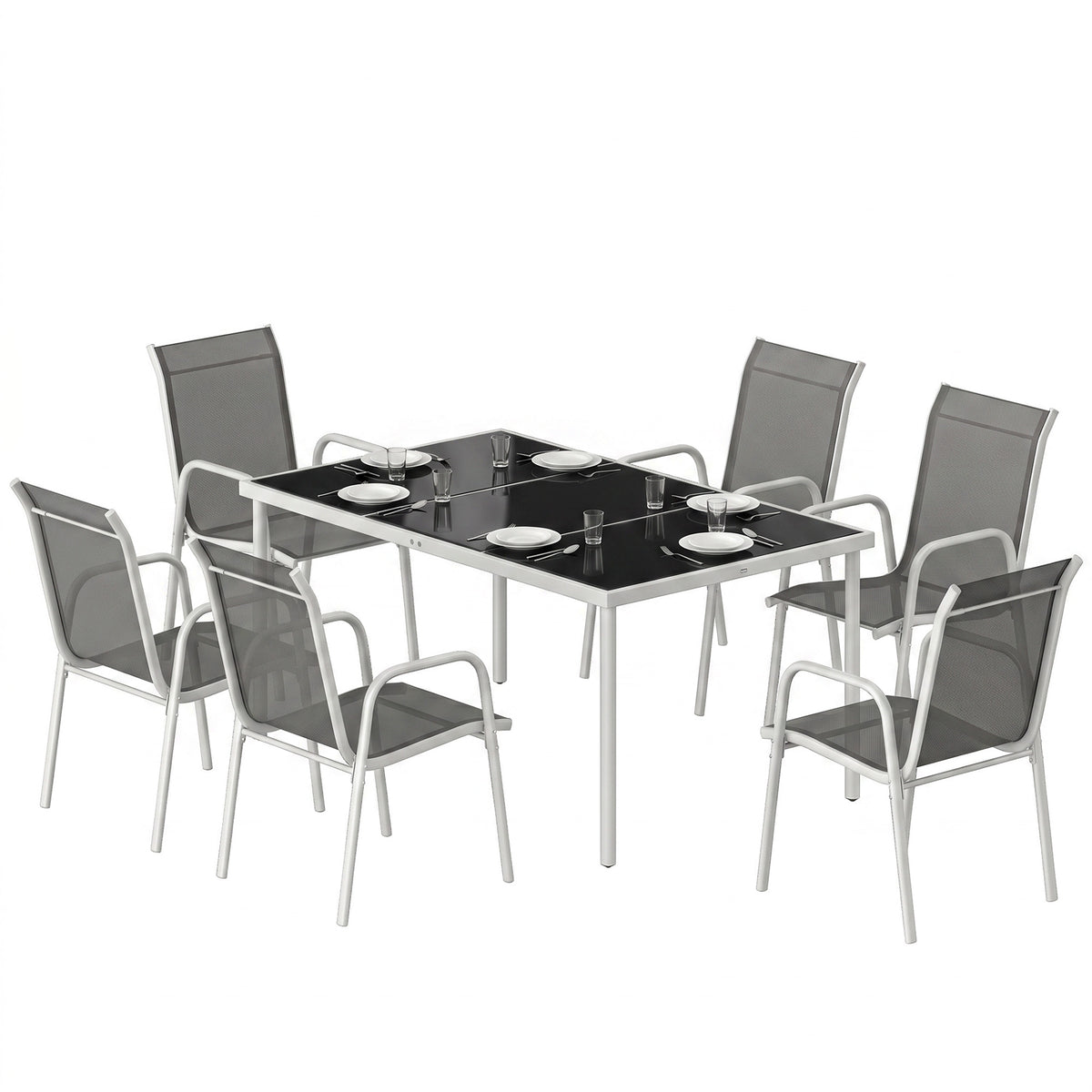 7 Piece Garden Dining Set, Garden Furniture Set with Rectangle Table and 6 Stackable Chairs