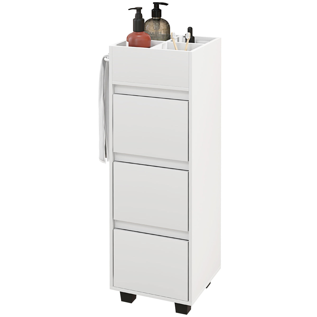 Slim Bathroom Cabinet, Bathroom Storage Cabinet with 4 Top Compartments, 3 Drawers & Towel Rack for Narrow Spaces