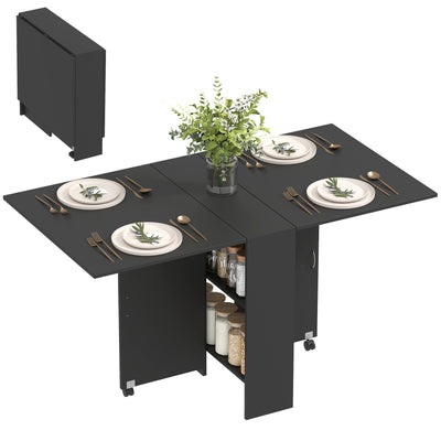 Extendable Dining Table, Collapsible Folding Table w/ 2-tier Shelves and Rolling Casters