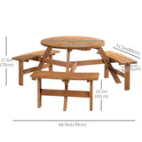 Ensemble table de pique-nique ronde 6 personnes avec bancs et trou pour parasol, Table de patio en bois avec 3 bancs intégrés pour jardin