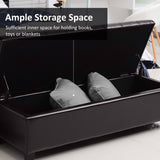 Banc Ottoman de Rangement, Repose-Pieds avec Pieds en Bois Massif, Coffre de Rangement en Cuir PU de 130 cm pour Salon
