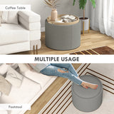 Round Coffee Table, End Table with Hidden Storage and Tray Top, Linen Upholstered Footrest for Living Room