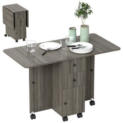 Foldable Dining Table, Rolling Kitchen Table with Storage Drawers and Cabinet, Drop Leaf Table on Wheels