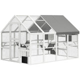 Outdoor Cat Enclosure Wooden Feral Cat House w/ Weatherproof Canopy, for 3-6 Cats
