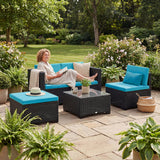 5 Piece Patio Furniture Set, L-Shape Wicker Outdoor Sectional with 3 Chairs, Glass Table