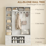 Hall Tree with Bench and Shoe Storage, 12 Shelves, 2 Cabinets, 5 Hooks