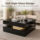 LED Coffee Table with Storage, 2-Tier Modern Center Table with Open Shelf and Remote for Living Room