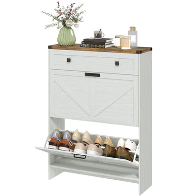 Narrow Shoe Storage Cabinet, Farmhouse Shoe Cabinet with 2 Flip Drawers, 1 Drawer, 12 Pairs for Entryway