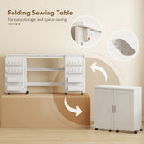 Folding Craft Table, Rolling Sewing Machine Table with Magnetic Doors, Storage Shelf, Lockable Wheels