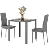 Ensemble de cuisine rectangulaire 3 pièces avec table en verre et chaises avec cadre en métal et rembourrage en similicuir pour salle à manger