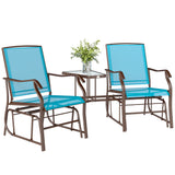 Double Patio Glider Chair with Glass Top Center Table, Outdoor Glider Loveseat with High Back, All Weather Breathable Mesh Fabric for Garden
