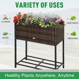 Rattan Raised Garden Boxes, Elevated Flower Beds with Storage Shelf for Herbs