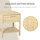 Narrow Nightstand with Rattan Elements, Bedside Table with Drawer and Storage Shelf for Bedroom