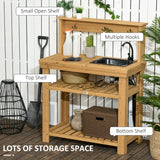 Outdoor Potting Bench Table with Faucet, Hooks and Storage Shelves, Wood Work Bench Workstation
