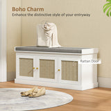 Banc de Rangement pour Chaussures avec Portes en Rotin Tressé, Tablettes Ajustables