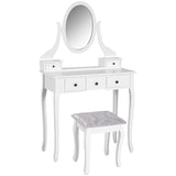Wooden Vanity Table Set, Makeup Dressing Table with 360° Rotating, 5 Drawers and Padded Stool