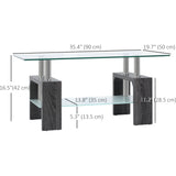 Table basse rectangulaire en verre, table centrale à 2 niveaux avec plateau en verre trempé et étagère de rangement pour salon