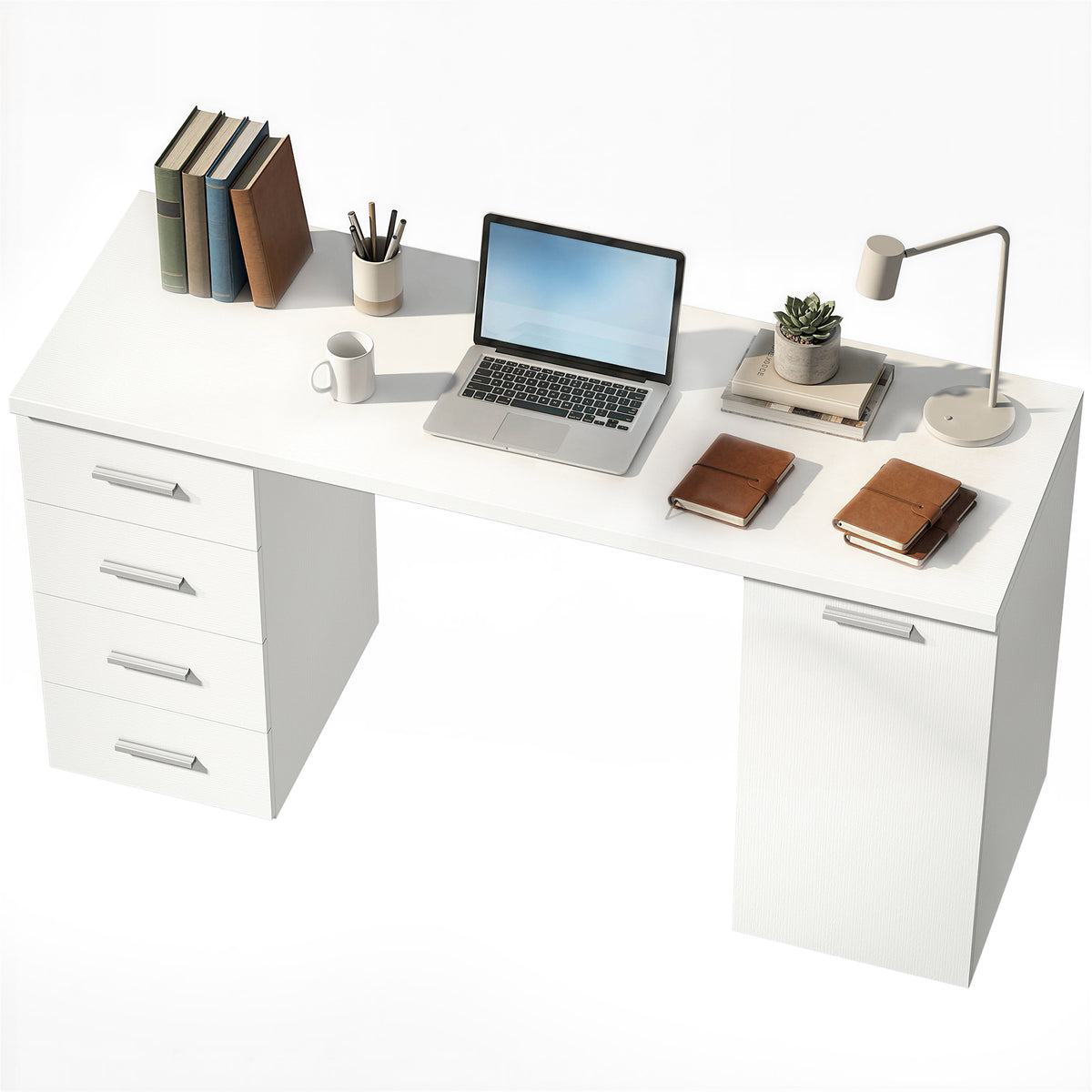 140 cm Computer Desk with Adjustable Shelf Home Office Desk with Drawers and Cabinet White Wood Grain